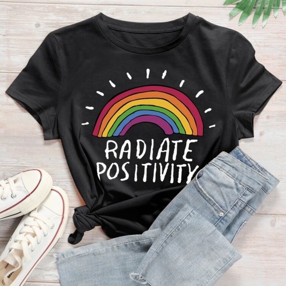 Tops - Radiate positivity rainbow graphic tee black
